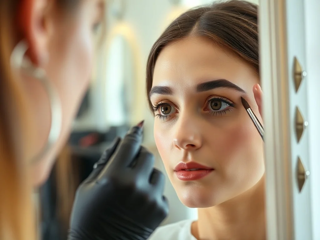 Profesjonalna kosmetyczka wykonuje zabieg makijażu permanentnego brwi w eleganckim salonie kosmetycznym.