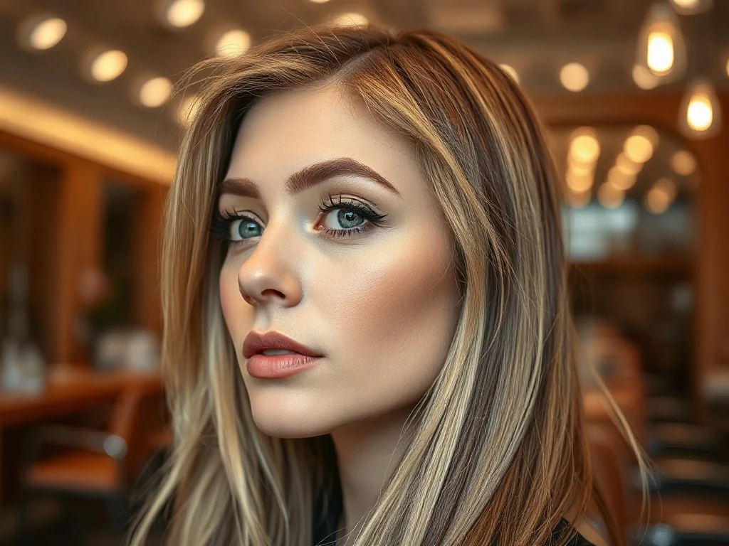 Kobieta z modnym, ciemnym odrostem płynnie przechodzącym w blond, prezentująca stylową fryzurę w profesjonalnym salonie.