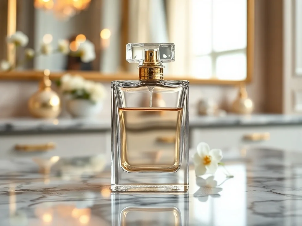 Elegancki flakon perfum La Rive Her Choice na marmurowym blacie w otoczeniu kwiatów i złotych akcentów.