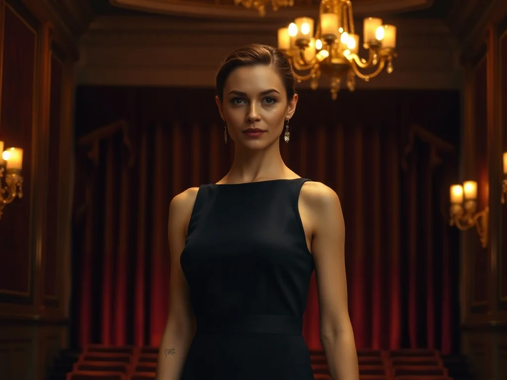 Elegancka kobieta w granatowej sukience w stylowym foyer teatru, prezentująca szykowną stylizację na wieczorny spektakl.