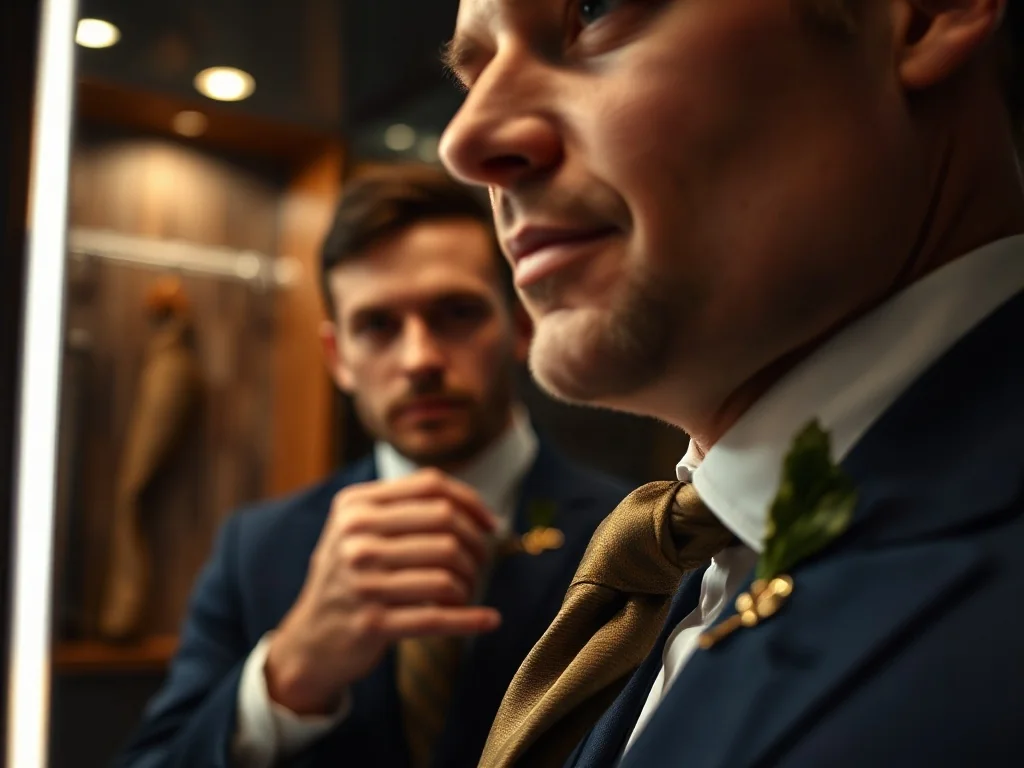Elegancki mężczyzna poprawiający węzeł jedwabnego krawata przed lustrem, prezentujący idealną długość dodatku do koszuli.