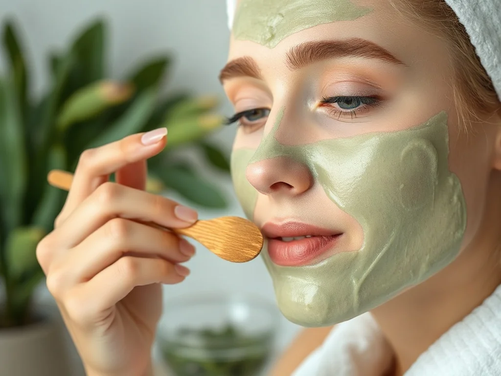 Kobieta nakłada drewnianą szpatułką kremową maskę z zielonej herbaty na twarz w relaksującym otoczeniu spa.