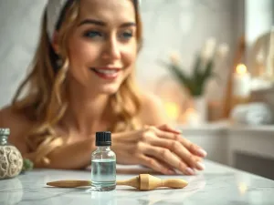 Naturalna szczotka do masażu na sucho przyłożona do gładkiej skóry nogi w jasnym, relaksującym wnętrzu łazienki.