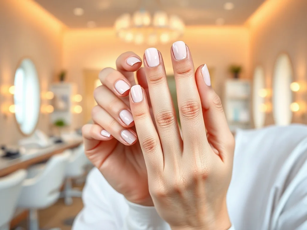 Zadbane dłonie z eleganckim, minimalistycznym manicure na krótkich paznokciach w jasnym, nowoczesnym salonie kosmetycznym.